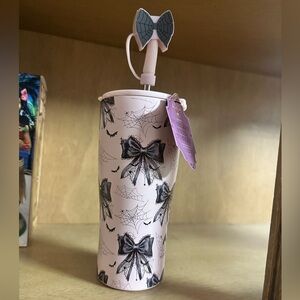 Pink Halloween Black Bows Spiderwebs Insulated Stainless Tumbler w/Lid Straw NWT
